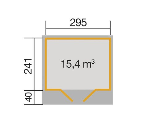 Grundrisszeichnung mit Maßangaben: Breite 295 cm, Tiefe 241 cm, Rauminhalt 15,4 Kubikmeter