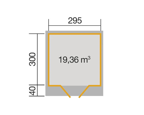 Grundrisszeichnung mit den Maßen 295 x 300 cm und einer Fläche von 19,36 Quadratmetern