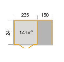 Grundriss mit den Massen 235 cm, 150 cm und 241 cm sowie der Angabe 12,4 Kubikmeter