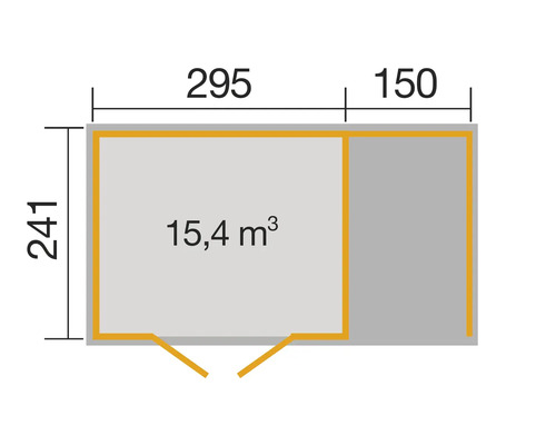 Plan avec les dimensions 241, 295 et 150 ainsi qu''une surface de 15,4 mètres cubes