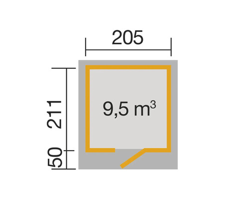 Plan avec dimensions 205 x 211 cm et volume de 9,5 mètres cubes