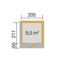 Plan avec des dimensions de 205 sur 211 centimètres et un volume de 9,5 mètres cubes