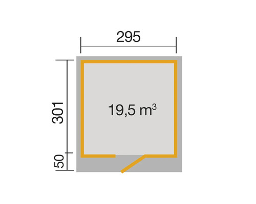 Grundriss mit den Maßen 295 x 301 cm und einem Rauminhalt von 19,5 Kubikmetern.