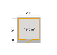 Grundriss mit den Massen 295, 301 und 19,5 Kubikmeter.