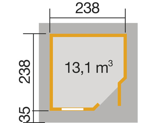 Grundriss mit Volumenangabe 13,1 Kubikmeter und Abmessungen 238 x 238 x 35