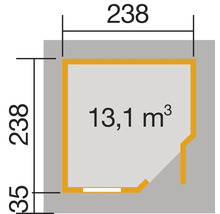 Grundriss mit Abmessungen 238 x 238 x 35 und Volumen 13,1 Kubikmeter