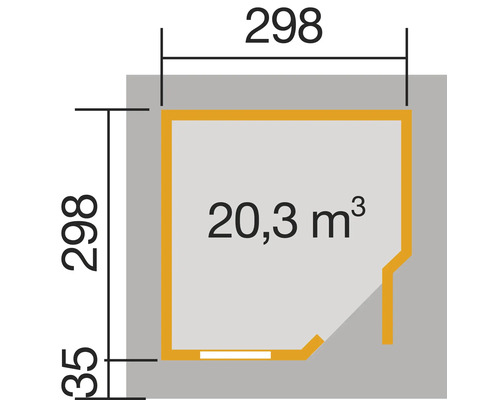 Grundriss mit Abmessungen: 298 x 298 x 35 und Volumen von 20,3 Kubikmeter