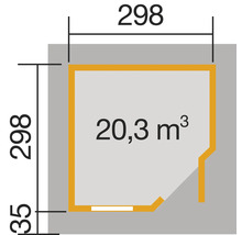 Grundriss mit Massangaben: 298 x 298 x 35 und 20,3 Kubikmeter Rauminhalt