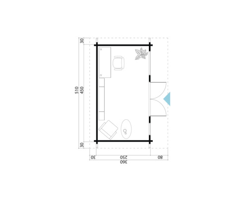 Plan d''un chalet de jardin avec meubles et plantations