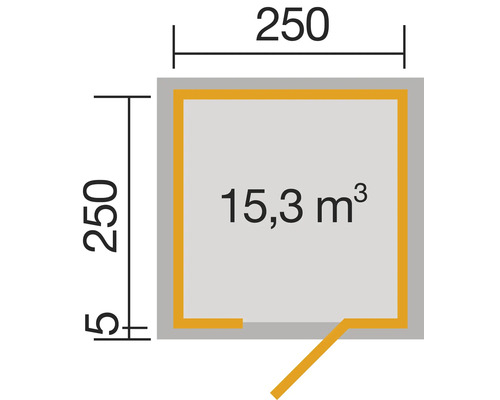 Grundriss mit den Maßen 250 mal 250 und 15,3 Kubikmeter Volumen