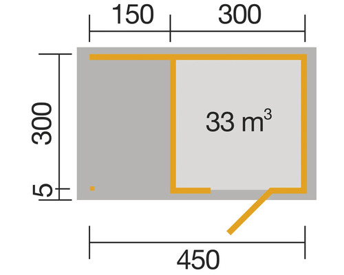 Plan avec dimensions 450 x 300 x 150 cm et volume de 33 mètres cubes
