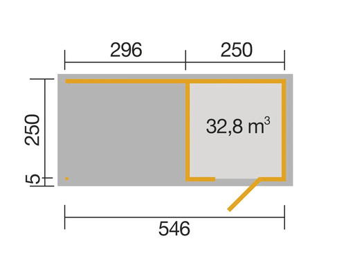 Plan d''un abri de jardin avec les dimensions 546 x 250 x 296 cm et un volume de pièce de 32,8 mètres cubes