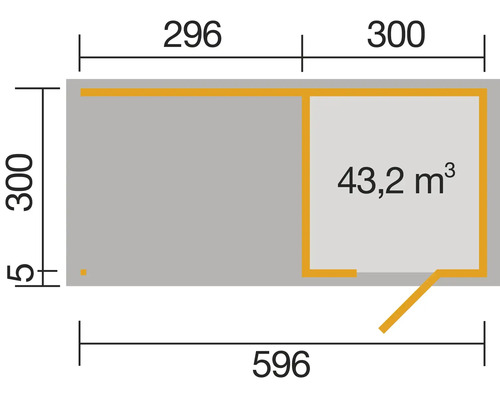 Plan avec indication des dimensions en centimètres et mètres cubes