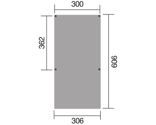 Schéma technique avec dimensions d''un rectangle : 300 x 606 millimètres, largeur inférieure 306 millimètres, hauteur côté gauche 362 millimètres.