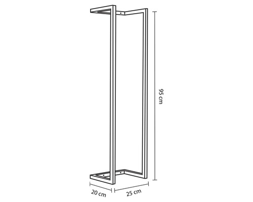Zeichnung eines Handtuchhalters aus Metall mit den Maßen 95 cm Höhe, 20 cm Breite und 25 cm Tiefe