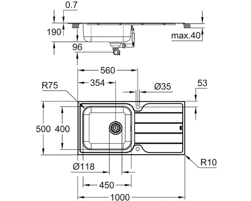Dessin technique d''un évier avec dimensions