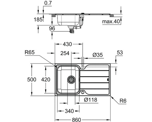 Schéma technique d''un évier avec dimensions