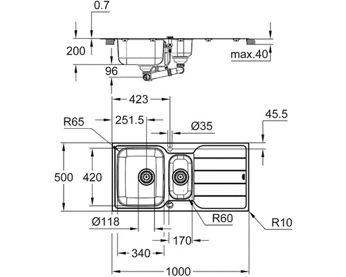 Dessin technique d''un évier de cuisine avec dimensions