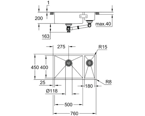 Dessin technique d''un évier à deux bacs avec indications de dimensions