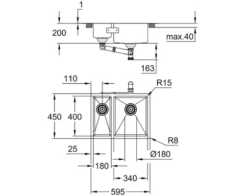 Dessin technique d''un évier à deux cuves avec cotes