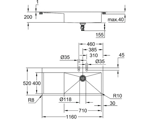 Technische Zeichnung eines Spülbeckens mit Maßangaben.