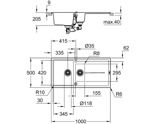 Schéma technique d''un évier de cuisine avec dimensions