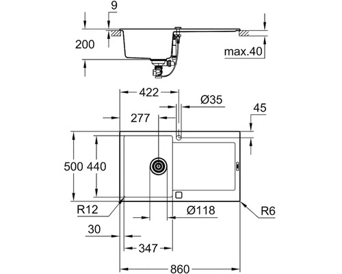 Schéma technique d''un évier avec dimensions