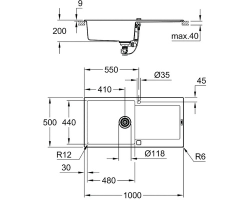 Schéma technique d''un évier avec dimensions