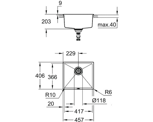 Dessin technique d''un évier de cuisine avec dimensions