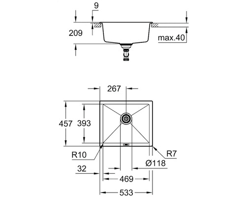 Schéma technique d''un évier avec indication des dimensions