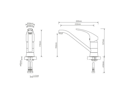 Schéma technique d''un robinet de cuisine avec indications de dimensions
