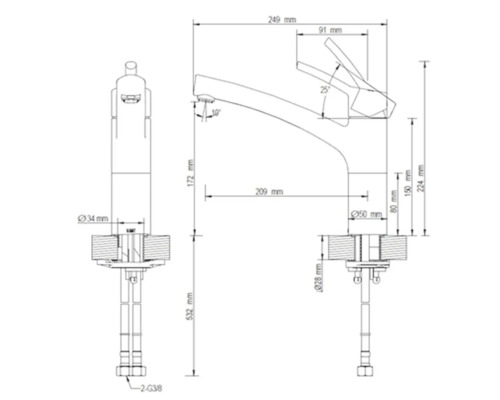 Technische Zeichnung einer Armatur mit Maßangaben