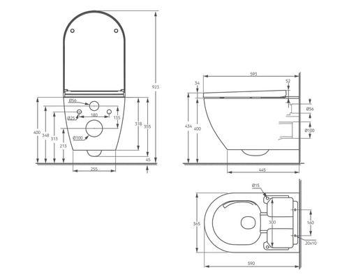 Technische Zeichnung eines wandhängenden WCs mit Bemaßung.