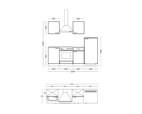 Schéma d''un linéaire de cuisine avec dimensions.