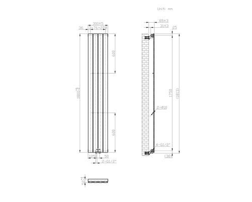 Technische Zeichnung eines Heizkörpers mit Maßangaben