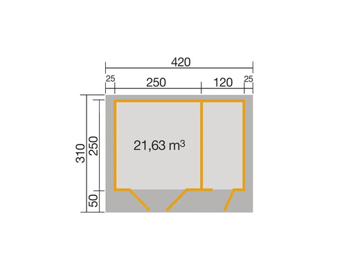 Plan avec les dimensions 420 x 310 cm et une surface de 21,63 mètres carrés