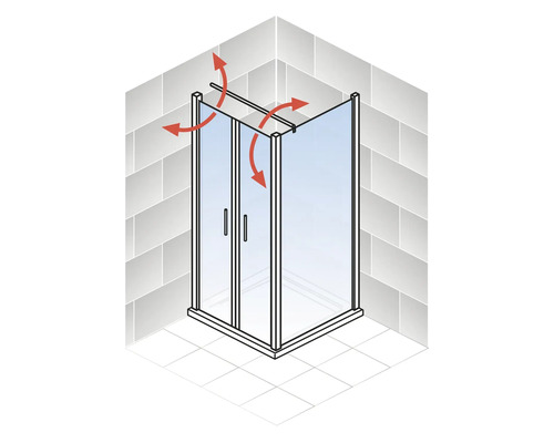 Douche d''angle avec portes battantes et flèches rouges illustrant le mouvement