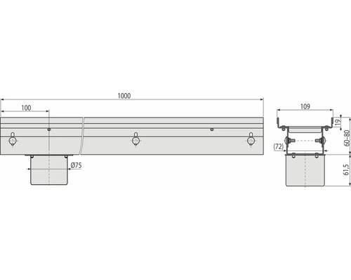 Dessin technique d''un caniveau de douche avec dimensions
