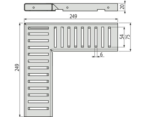 Dessin technique d''une pièce d''angle pour caniveau de drainage avec indication des dimensions