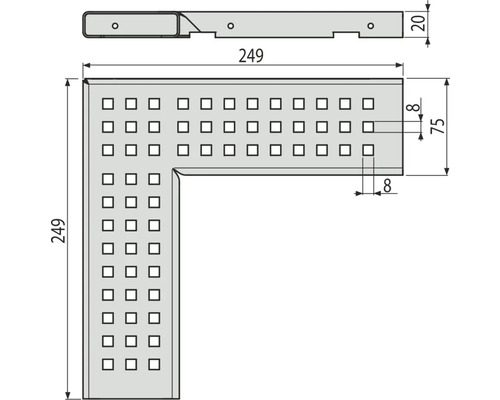 Dessin technique d''un équerre perforée avec indications de mesure