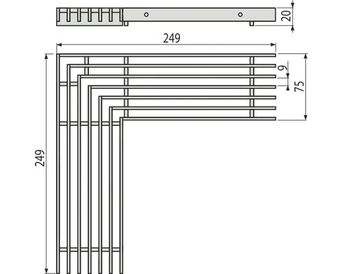 Schéma technique d''une étagère d''angle avec dimensions