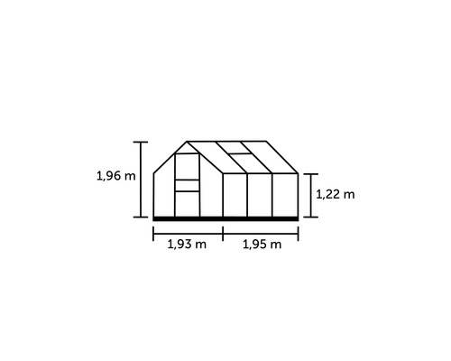Zeichnung eines Gewächshauses mit Höhen- und Breitenangaben