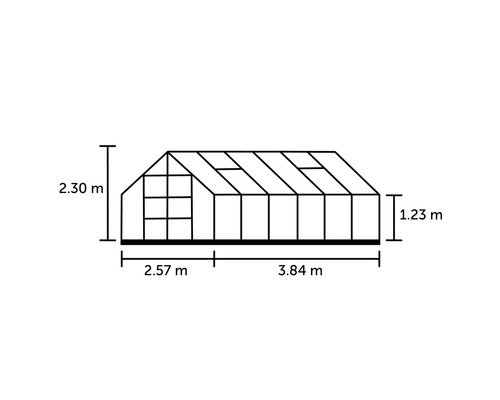 Image d''une serre avec les dimensions : 2,30 m de hauteur, 1,23 m de hauteur latérale, 2,57 m et 3,84 m de longueur