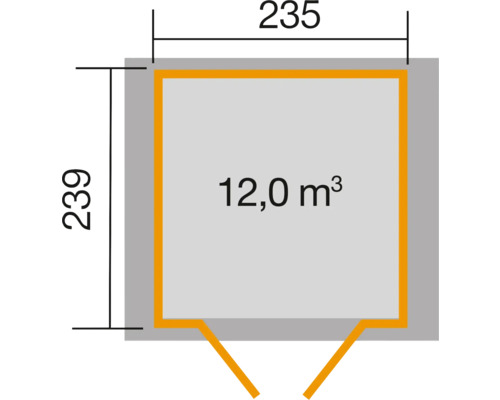 Plan avec dimensions 235 x 239 et volume de 12 mètres cubes