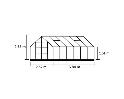 Abmessungen Gewächshaus: 2,58 Meter Höhe, 2,57 Meter und 3,84 Meter Länge, 1,51 Meter Seitenhöhe