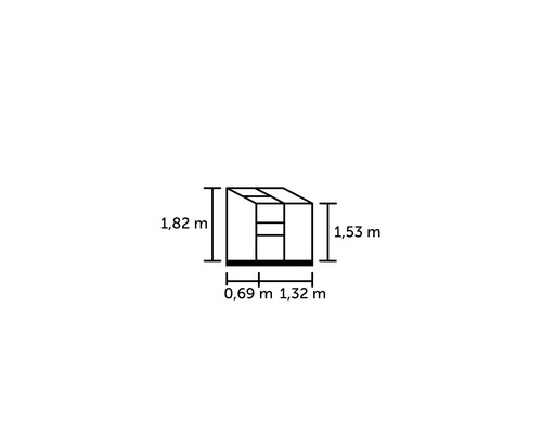 Abmessungen eines Gewächshauses: 1,82 Meter Höhe, 0,69 Meter und 1,32 Meter Breite, 1,53 Meter Höhe