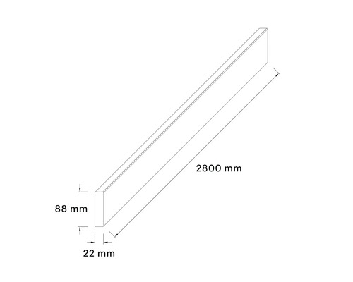 Technische Zeichnung eines Holzbretts mit den Massen 2800 mm Länge, 88 mm Höhe und 22 mm Breite.