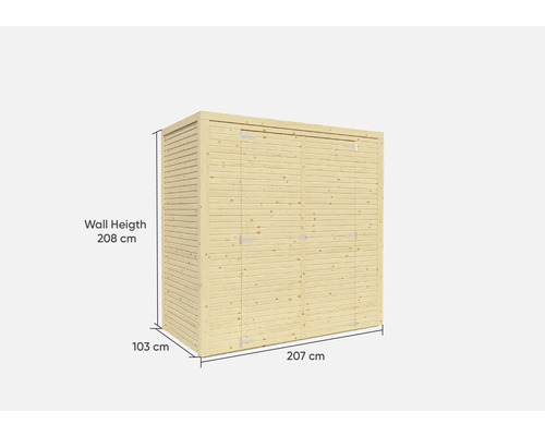 Armoire à outils en bois avec des dimensions de 207 cm par 103 cm et une hauteur de paroi de 208 cm
