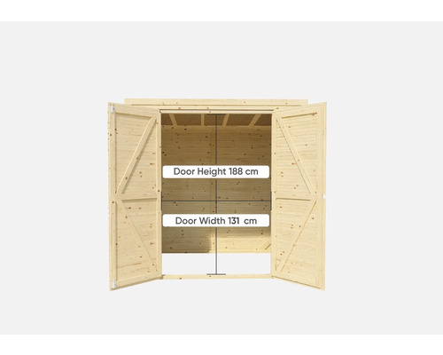 Abri de jardin en bois avec double porte ouverte, hauteur de porte 188 cm, largeur de porte 131 cm