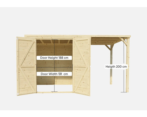 Abri de jardin en bois avec double porte et abri voiture, hauteur de la porte 188 cm, largeur de la porte 131 cm, hauteur de l''abri voiture 200 cm